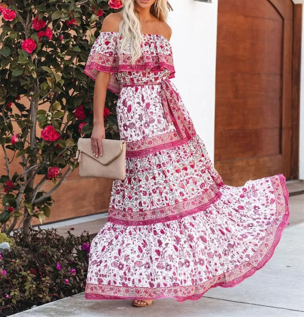 Women's Mexican Off Shoulder Maxi Dress Summer Loose Floral Print Ruffle Neck Sleeveless Beach Vacation Maxi Dress