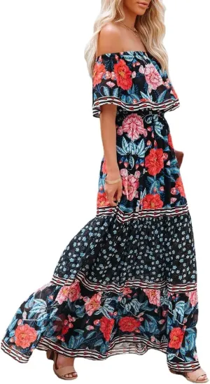 Women's Mexican Off Shoulder Maxi Dress Summer Loose Floral Print Ruffle Neck Sleeveless Beach Vacation Maxi Dress