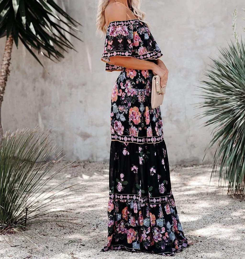 Women's Mexican Off Shoulder Maxi Dress Summer Loose Floral Print Ruffle Neck Sleeveless Beach Vacation Maxi Dress