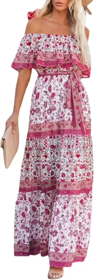 Women's Mexican Off Shoulder Maxi Dress Summer Loose Floral Print Ruffle Neck Sleeveless Beach Vacation Maxi Dress