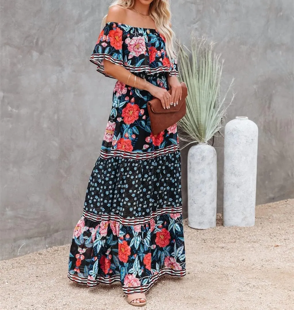 Women's Mexican Off Shoulder Maxi Dress Summer Loose Floral Print Ruffle Neck Sleeveless Beach Vacation Maxi Dress