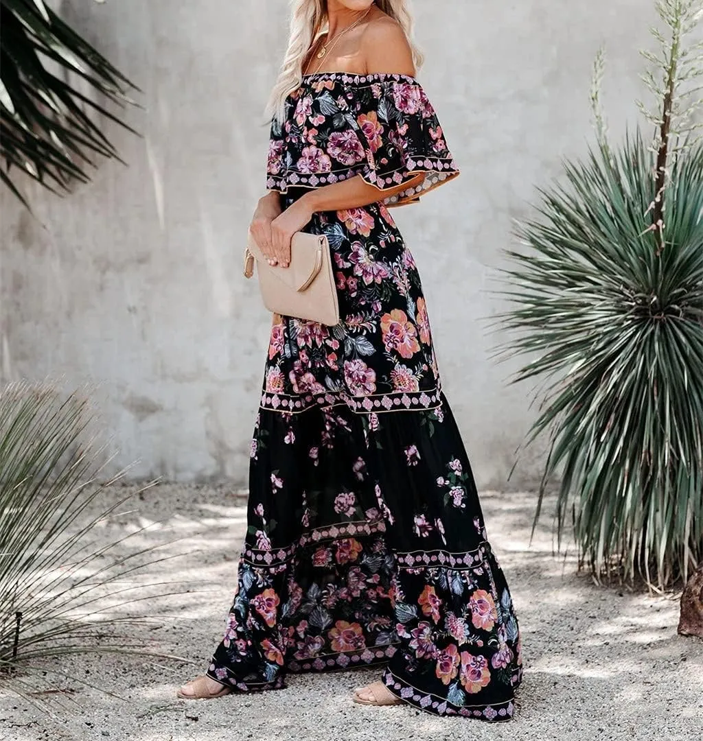 Women's Mexican Off Shoulder Maxi Dress Summer Loose Floral Print Ruffle Neck Sleeveless Beach Vacation Maxi Dress