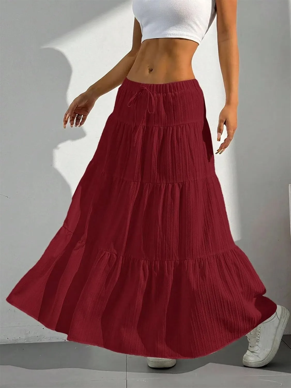 Women's Midi Skirts Casual Solid Drawstring Lace-Up Office Holiday Beach Cake Skirts