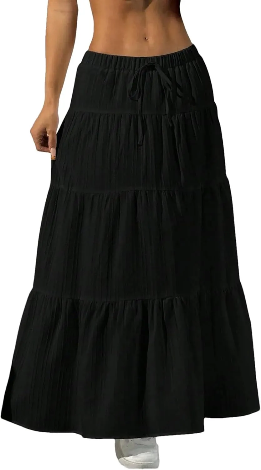 Women's Midi Skirts Casual Solid Drawstring Lace-Up Office Holiday Beach Cake Skirts