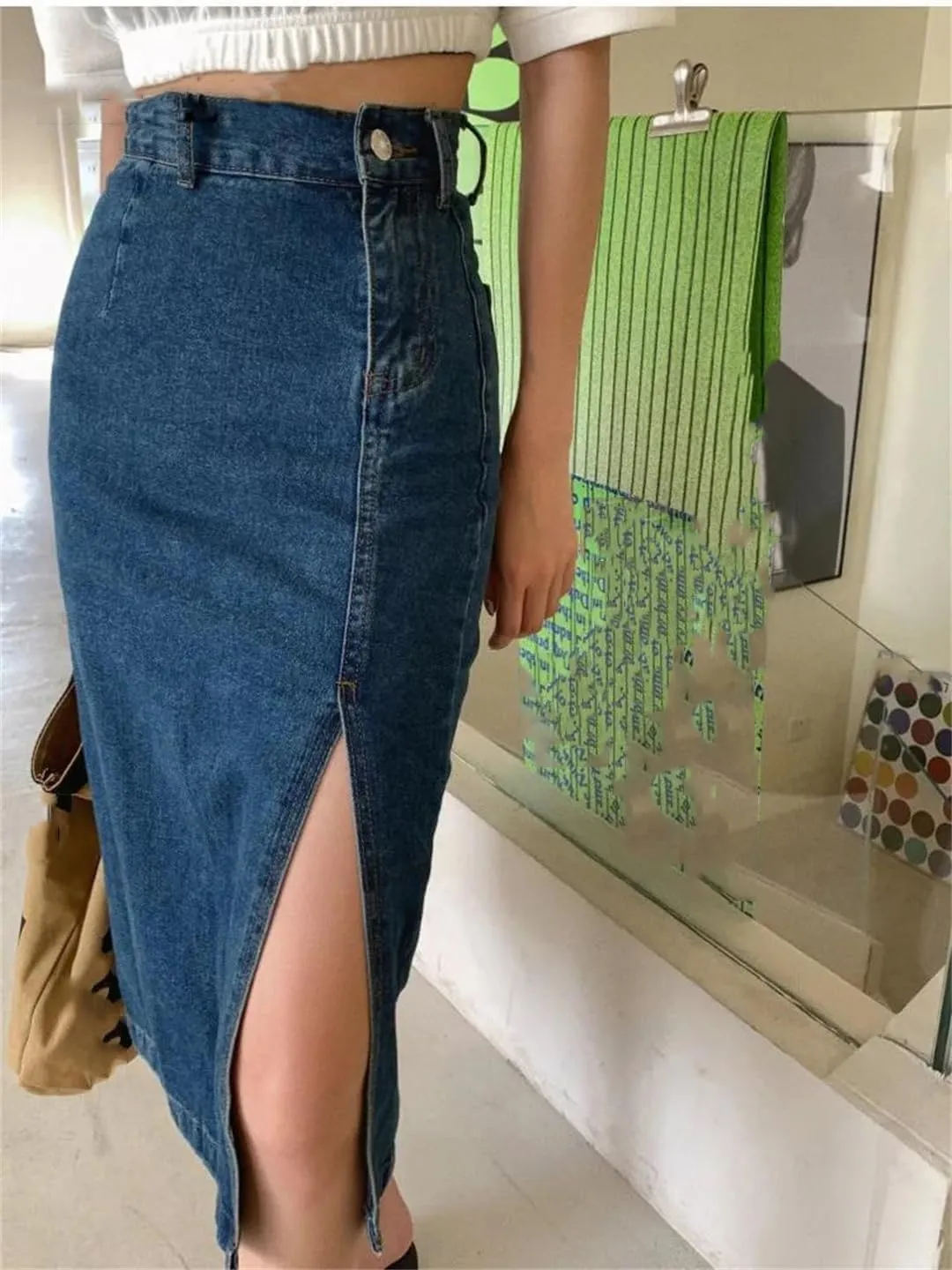 Women's Midi Spring Side Split High Wasit Jeans Skirts Straight A-Line Pencil Skirt