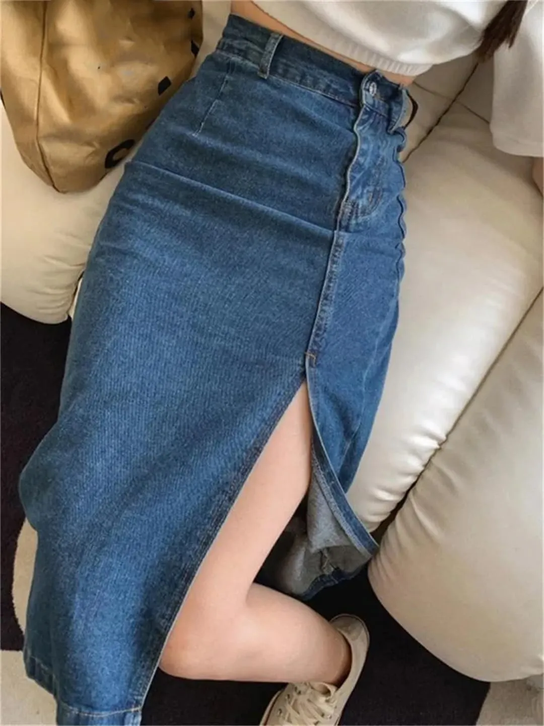 Women's Midi Spring Side Split High Wasit Jeans Skirts Straight A-Line Pencil Skirt