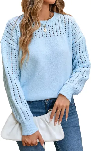 Womens Oversized Lightweight Cute Crochet Sweater Fall 2024 Sexy Hollow Out Crewneck Long Sleeve Pullover Tops