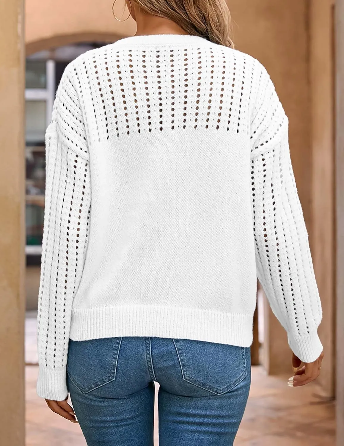 Womens Oversized Lightweight Cute Crochet Sweater Fall 2024 Sexy Hollow Out Crewneck Long Sleeve Pullover Tops
