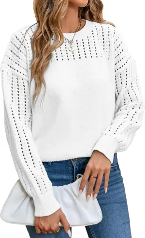Womens Oversized Lightweight Cute Crochet Sweater Fall 2024 Sexy Hollow Out Crewneck Long Sleeve Pullover Tops