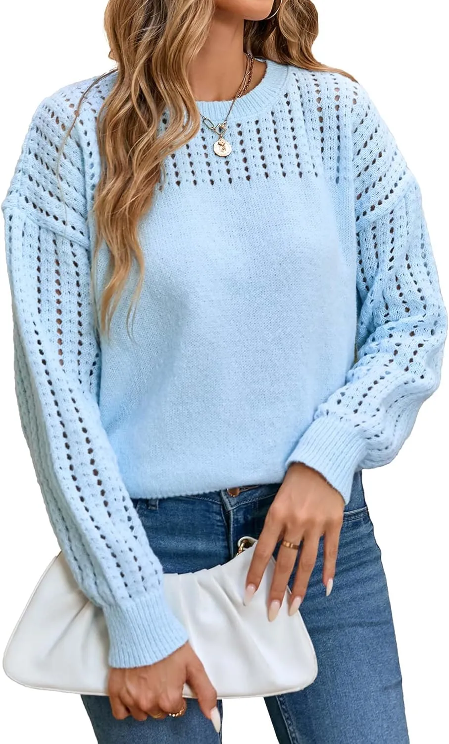 Womens Oversized Lightweight Cute Crochet Sweater Fall 2024 Sexy Hollow Out Crewneck Long Sleeve Pullover Tops