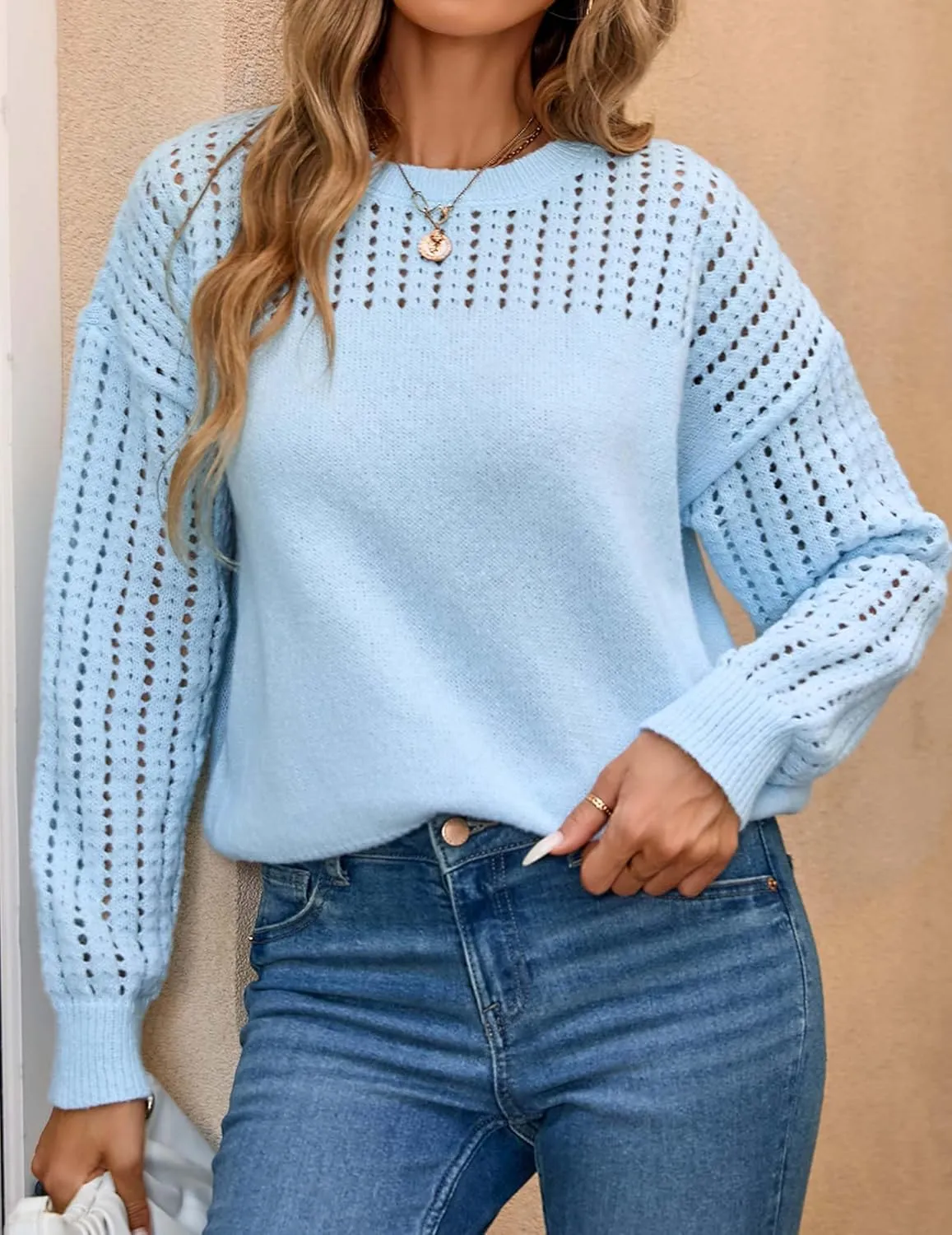 Womens Oversized Lightweight Cute Crochet Sweater Fall 2024 Sexy Hollow Out Crewneck Long Sleeve Pullover Tops