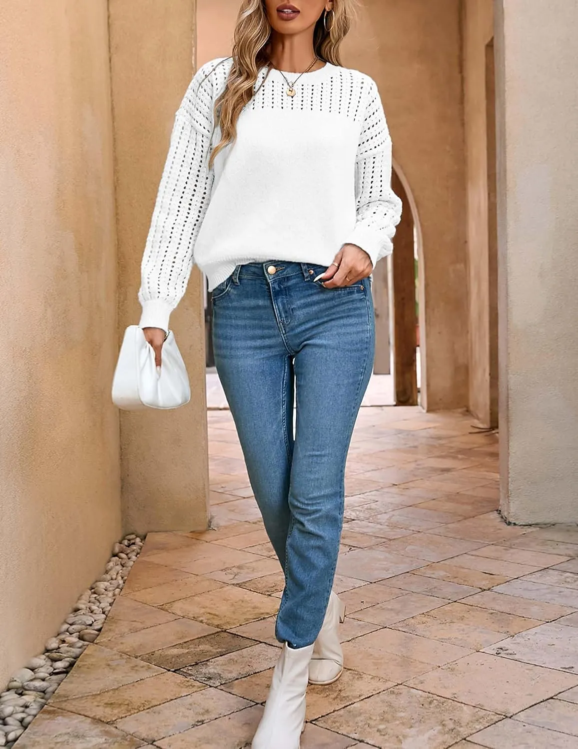 Womens Oversized Lightweight Cute Crochet Sweater Fall 2024 Sexy Hollow Out Crewneck Long Sleeve Pullover Tops