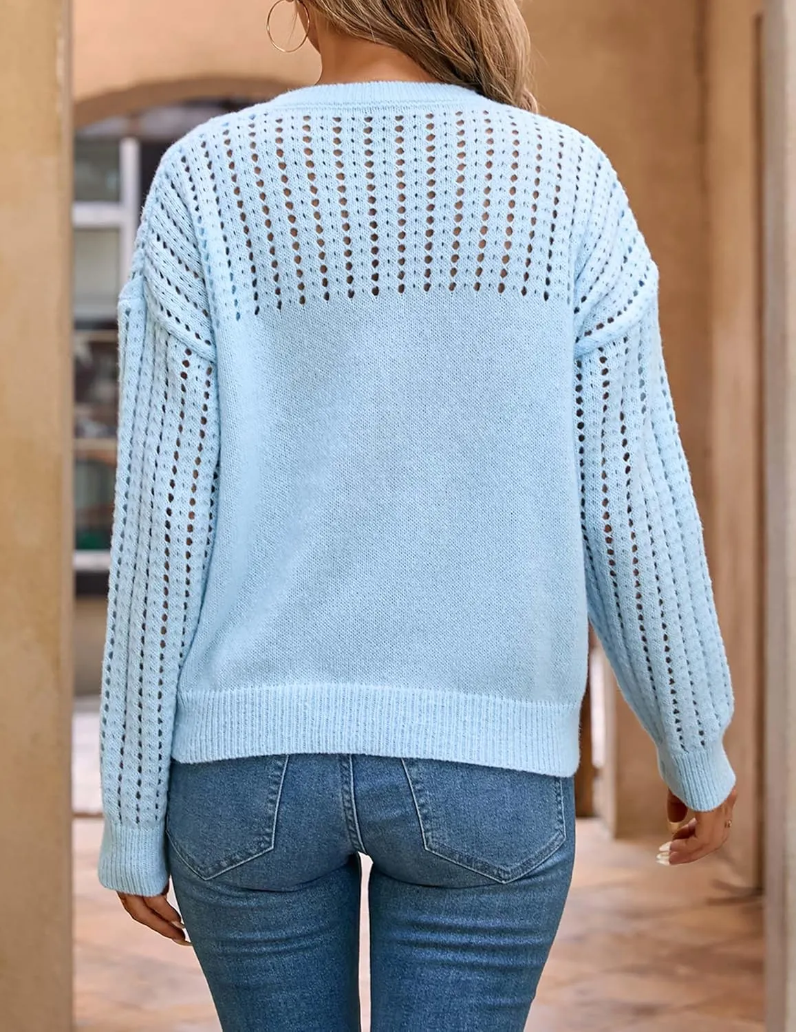 Womens Oversized Lightweight Cute Crochet Sweater Fall 2024 Sexy Hollow Out Crewneck Long Sleeve Pullover Tops