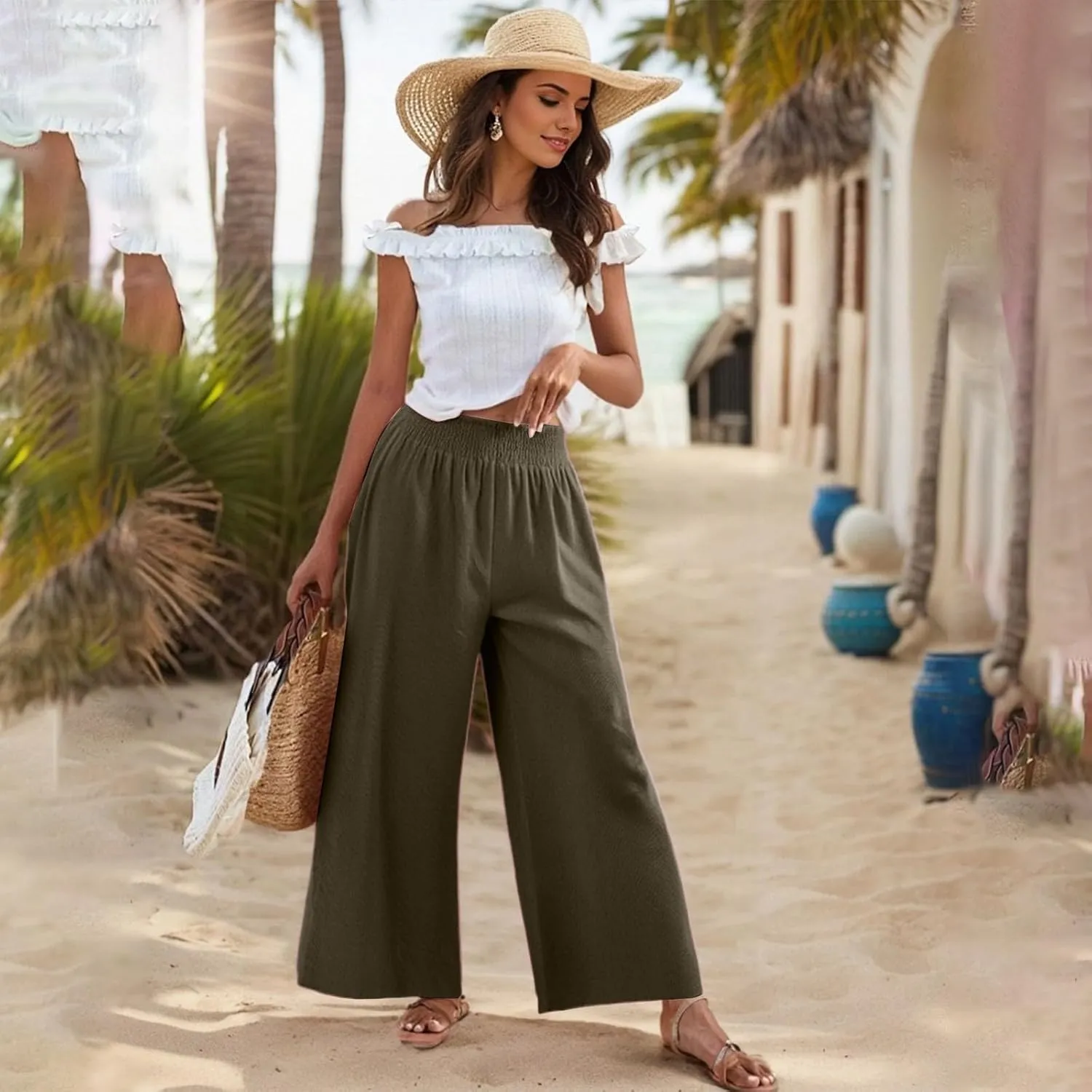 Womens Palazzo Linen Pants Casual Summer Smocked Elastic High Waisted Wide Leg Pants Loose Fit Vacation Beach Trousers