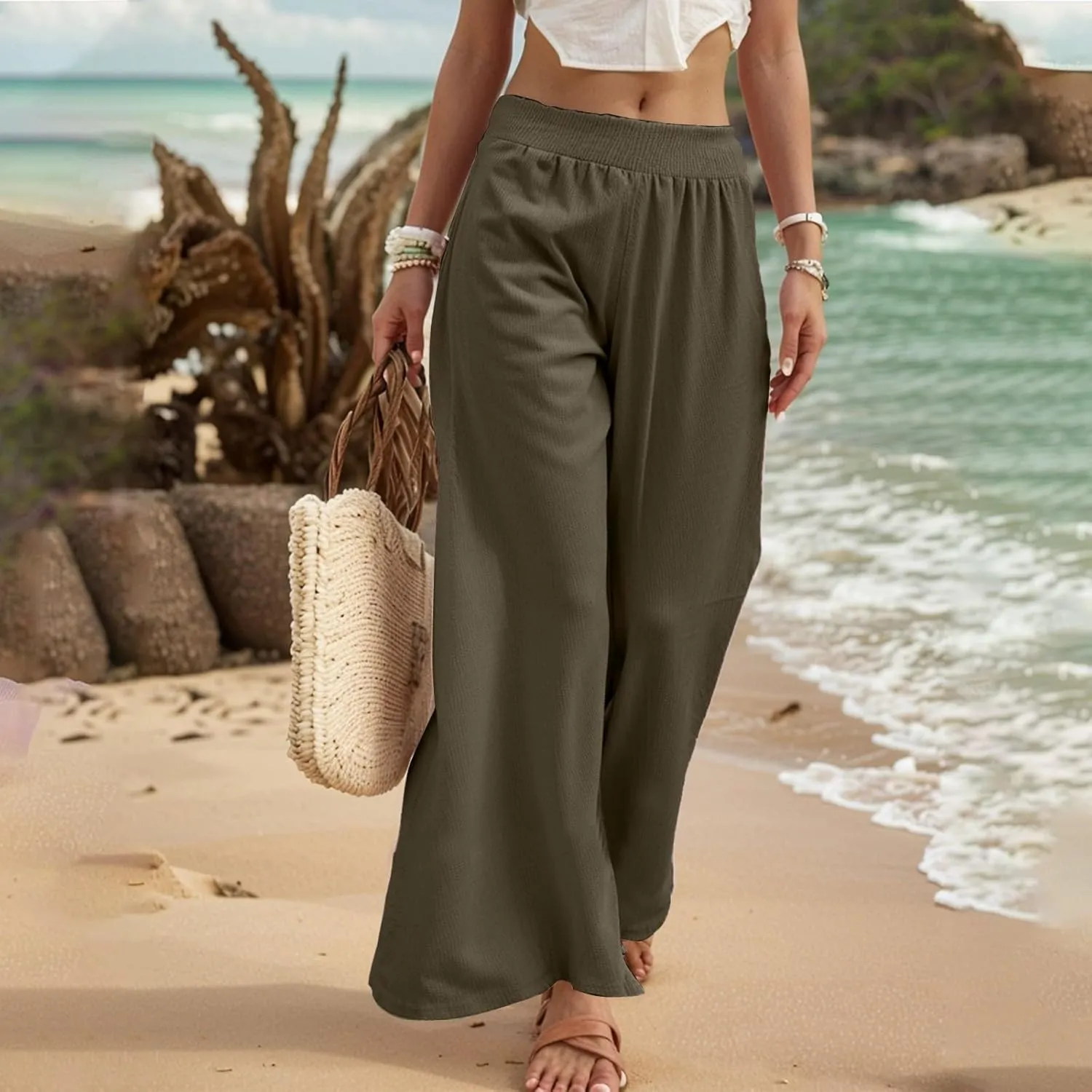Womens Palazzo Linen Pants Casual Summer Smocked Elastic High Waisted Wide Leg Pants Loose Fit Vacation Beach Trousers