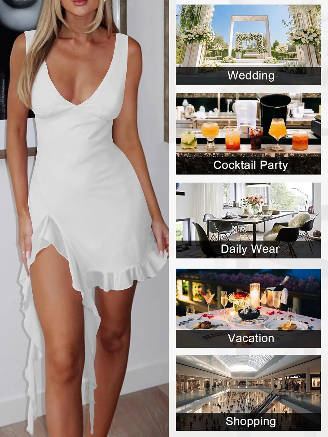 Womens Sexy Deep V Neck Mini Dress for Women Y2K Side Slit Going Out Cocktail Wedding Party Ruffle Short Dresses