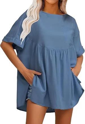Women's Shirts Casual Mini Ruffle Dress Oversized Short Sleeve Crew Neck Peplum T Shirts Summer Loose Fit Dress with Pockets Blue