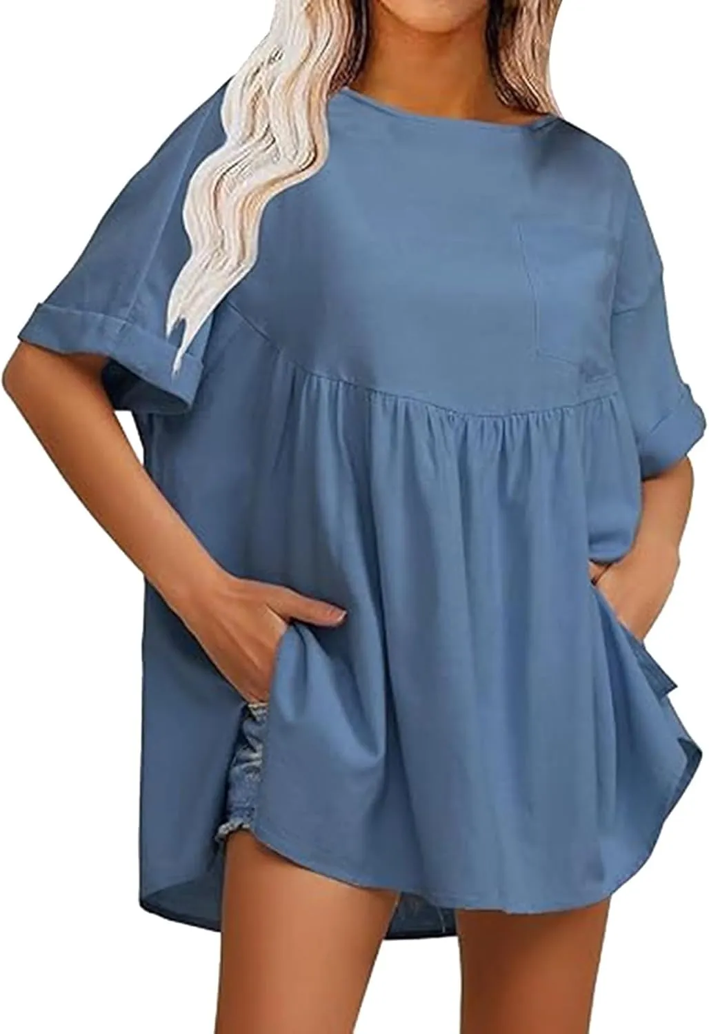 Women's Shirts Casual Mini Ruffle Dress Oversized Short Sleeve Crew Neck Peplum T Shirts Summer Loose Fit Dress with Pockets Blue