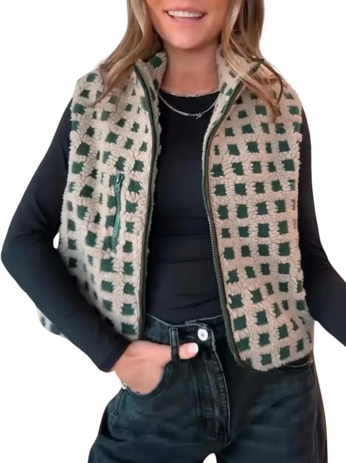 Womens Sleeveless Checkered Sherpa Vest with Pocket Zip Up Fleece Crochet Collar for Style Comfort