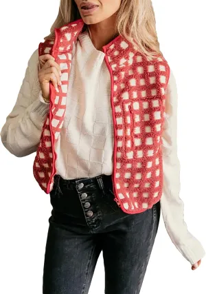 Womens Sleeveless Checkered Sherpa Vest with Pocket Zip Up Fleece Crochet Collar for Style Comfort