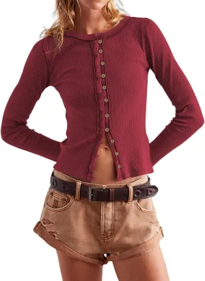 Womens Slim Fitted Ribbed Cardigan Long Sleeve Y2K Button Down Shirts Lightweight Pullover Tunic Tops