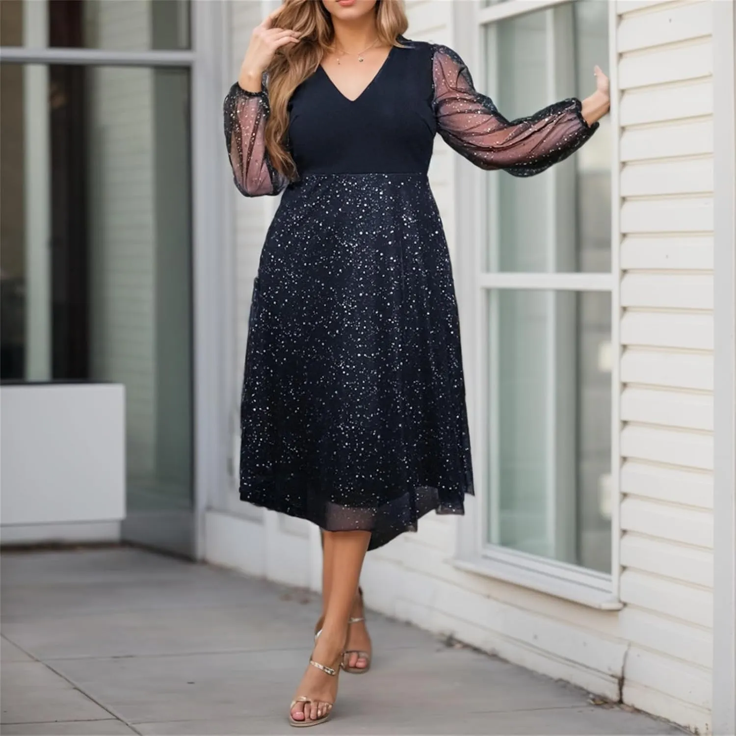 Women's Sparkly Midi Tulle Dress, Sexy Sheer Long Sleeve A-line High Waist Plus Size Flowy Dressy/Wedding Guest/Party Dresses