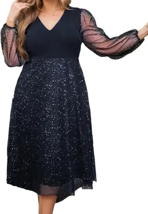 Women's Sparkly Midi Tulle Dress, Sexy Sheer Long Sleeve A-line High Waist Plus Size Flowy Dressy/Wedding Guest/Party Dresses
