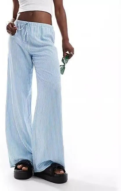 Women's Striped Drawstring Long Pants - Casual Chic Baggy Trousers Elastic Waist Fashion Bottoms for Work Daily Wear (Medium,Baby Blue)