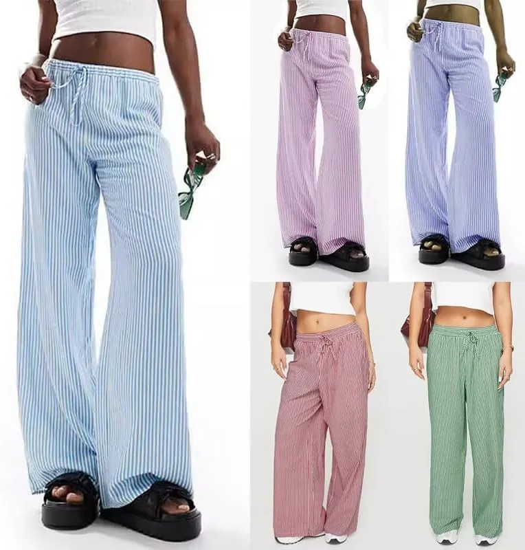 Women's Striped Drawstring Long Pants - Casual Chic Baggy Trousers Elastic Waist Fashion Bottoms for Work Daily Wear (Medium,Baby Blue)