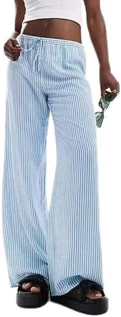 Women's Striped Drawstring Long Pants - Casual Chic Baggy Trousers Elastic Waist Fashion Bottoms for Work Daily Wear (Medium,Baby Blue)