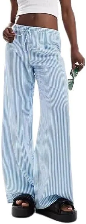 Women's Striped Drawstring Long Pants - Casual Chic Baggy Trousers Elastic Waist Fashion Bottoms for Work Daily Wear (Medium,Baby Blue)
