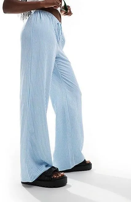 Women's Striped Drawstring Long Pants - Casual Chic Baggy Trousers Elastic Waist Fashion Bottoms for Work Daily Wear (Medium,Baby Blue)