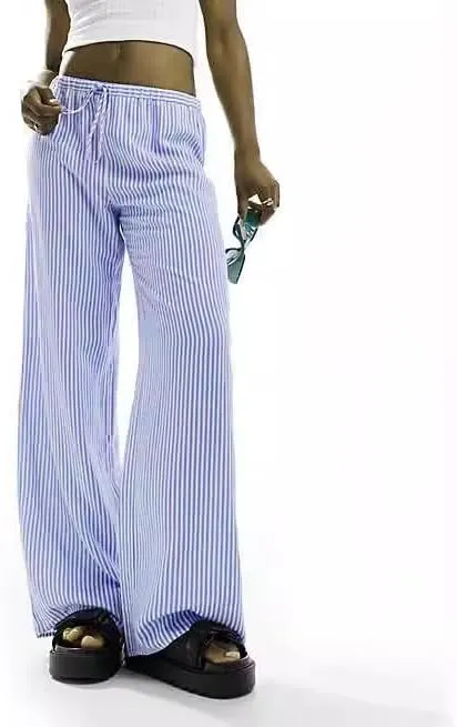 Women's Striped Drawstring Long Pants - Casual Chic Baggy Trousers Elastic Waist Fashion Bottoms for Work Daily Wear (Medium,Dark Blue-2)