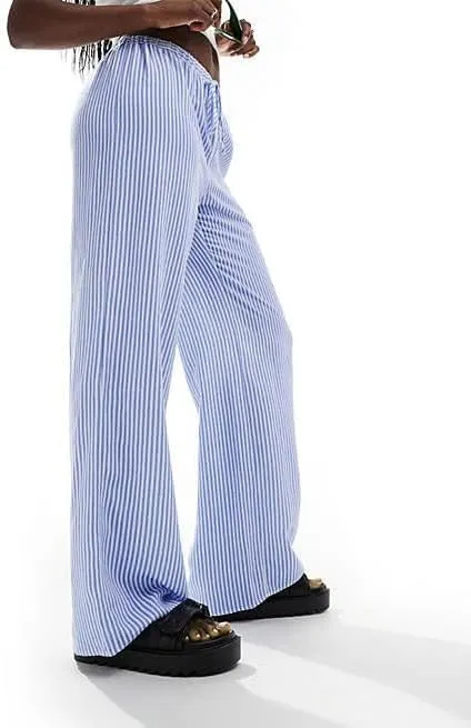 Women's Striped Drawstring Long Pants - Casual Chic Baggy Trousers Elastic Waist Fashion Bottoms for Work Daily Wear (Medium,Dark Blue-2)