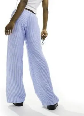 Women's Striped Drawstring Long Pants - Casual Chic Baggy Trousers Elastic Waist Fashion Bottoms for Work Daily Wear (Medium,Dark Blue-2)