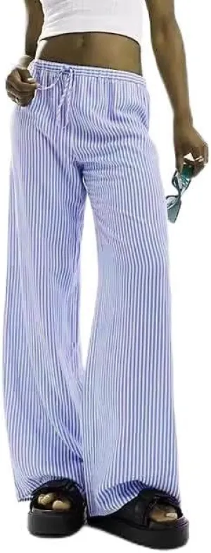 Women's Striped Drawstring Long Pants - Casual Chic Baggy Trousers Elastic Waist Fashion Bottoms for Work Daily Wear (Medium,Dark Blue-2)