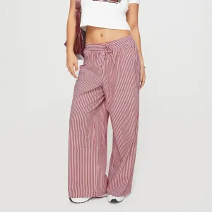 Women's Striped Drawstring Long Pants - Casual Chic Baggy Trousers Elastic Waist Fashion Bottoms for Work Daily Wear (Medium,Red)