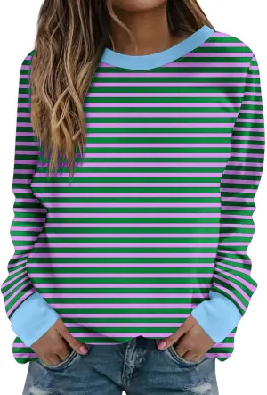 Womens Striped Sweatshirt Trendy Fleece Long Sleeve Crewneck Pullover Tops Regular Fit Fall Fashion Outfits 2024