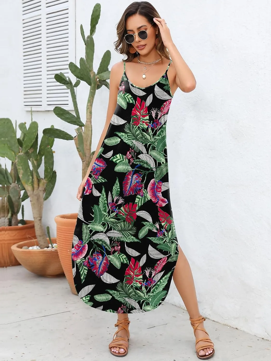 Women's Summer 2024 Maxi Sleeveless Dresses Casual Loose Pockets Strappy Split Beach Long Cami Slip Dress