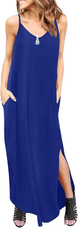Women's Summer 2024 Maxi Sleeveless Dresses Casual Loose Pockets Strappy Split Beach Long Cami Slip Dress