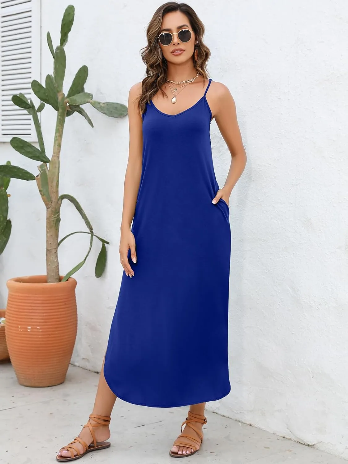Women's Summer 2024 Maxi Sleeveless Dresses Casual Loose Pockets Strappy Split Beach Long Cami Slip Dress
