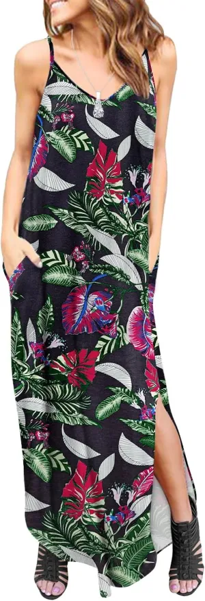 Women's Summer 2024 Maxi Sleeveless Dresses Casual Loose Pockets Strappy Split Beach Long Cami Slip Dress