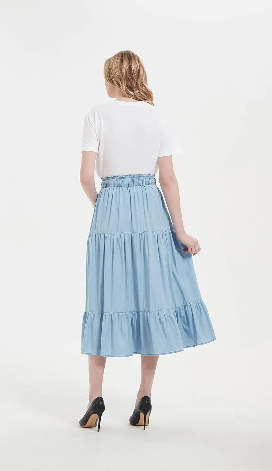 Womens Summer A Line Denim Skirt Flowy Trendy Tired Pleated Layers Elastic Waist Front Drawstring Midi Long Skirt