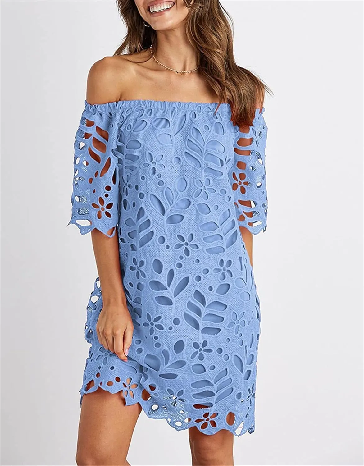 Women's Summer Dresses, Elegant Off Shoulder Floral Lace Hollow 1/2 Sleeve Ruffle Mini Dress