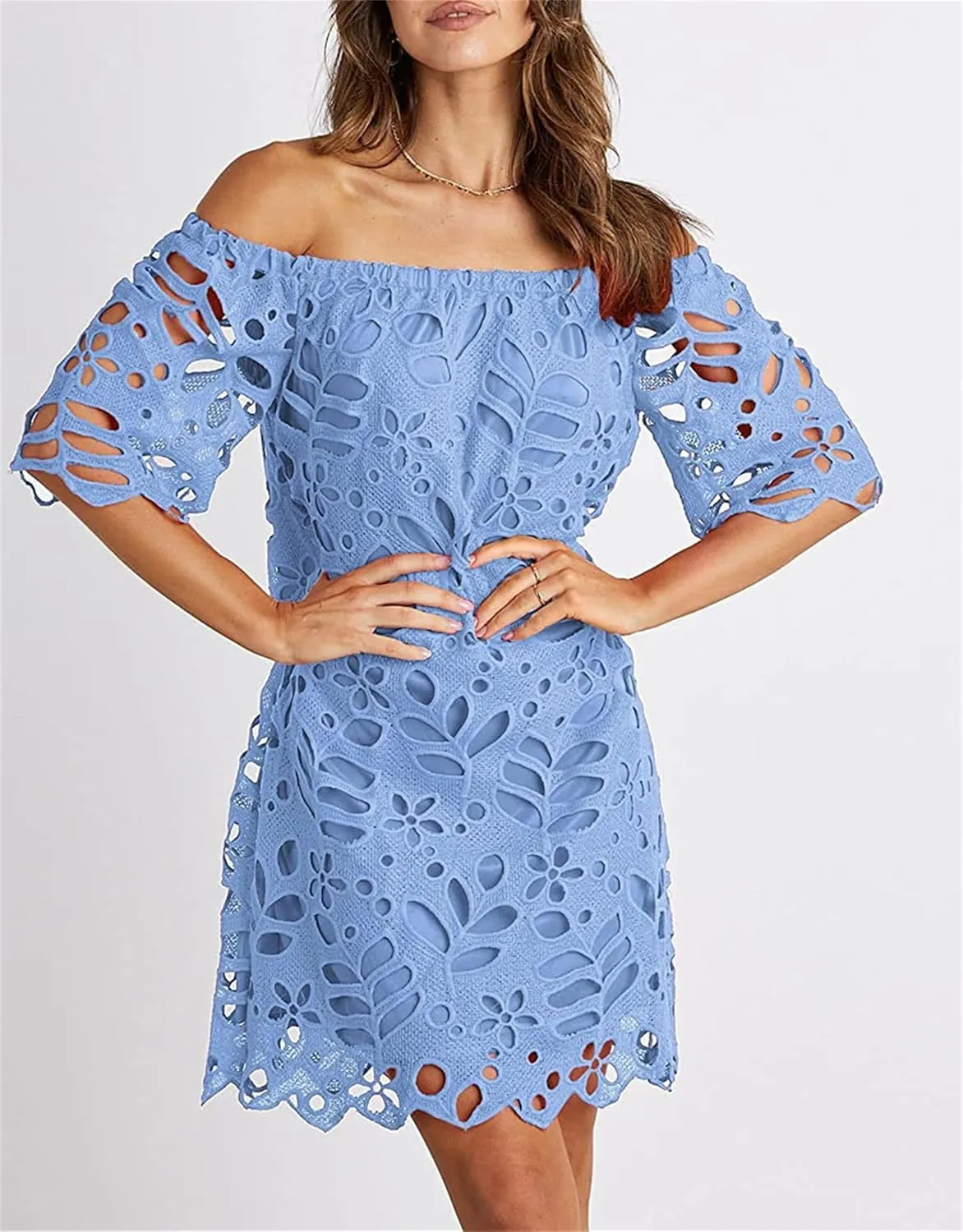 Women's Summer Dresses, Elegant Off Shoulder Floral Lace Hollow 1/2 Sleeve Ruffle Mini Dress