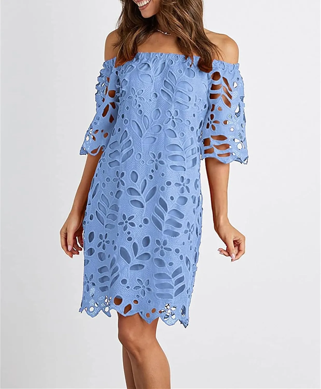 Women's Summer Dresses, Elegant Off Shoulder Floral Lace Hollow 1/2 Sleeve Ruffle Mini Dress