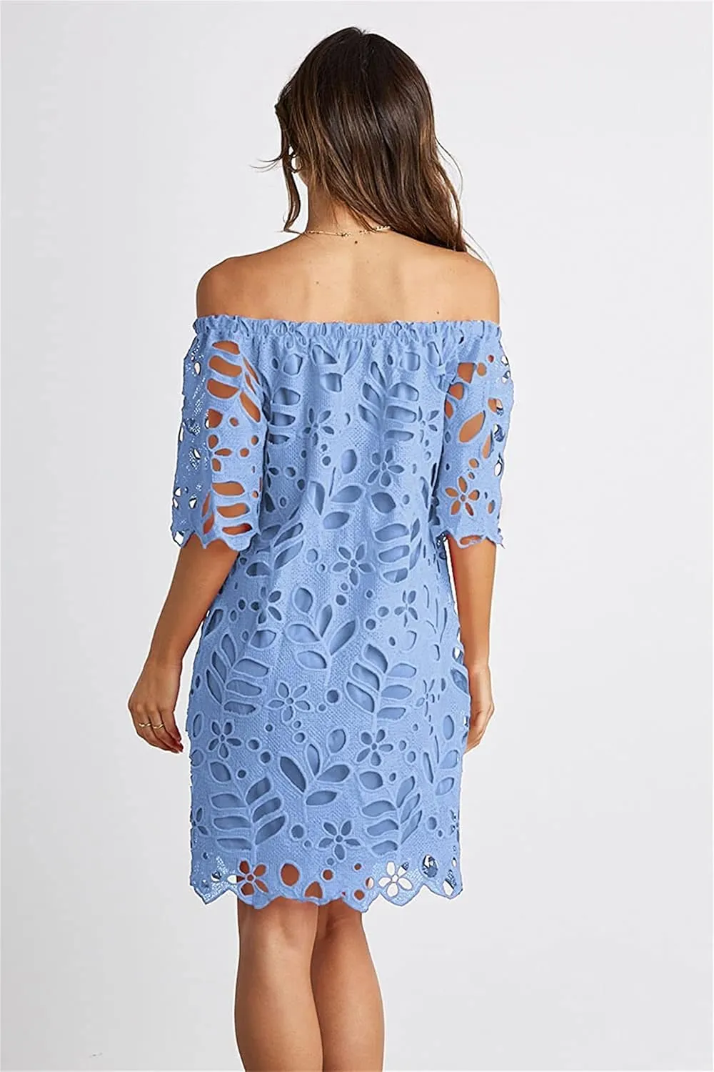 Women's Summer Dresses, Elegant Off Shoulder Floral Lace Hollow 1/2 Sleeve Ruffle Mini Dress