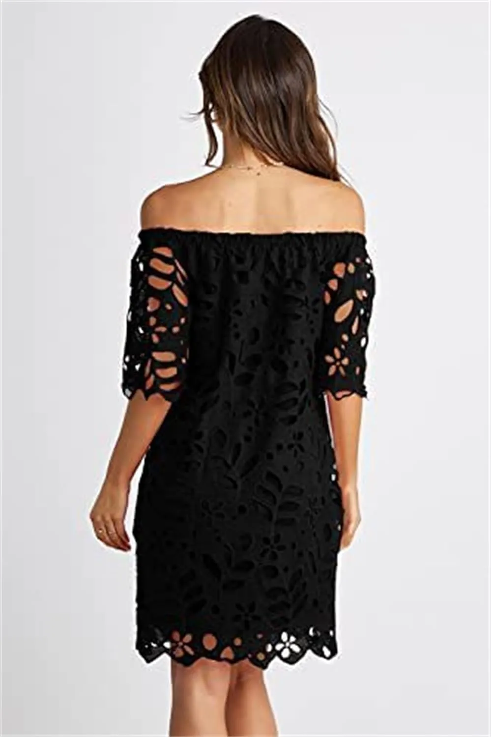 Women's Summer Dresses, Elegant Off Shoulder Floral Lace Hollow 1/2 Sleeve Ruffle Mini Dress