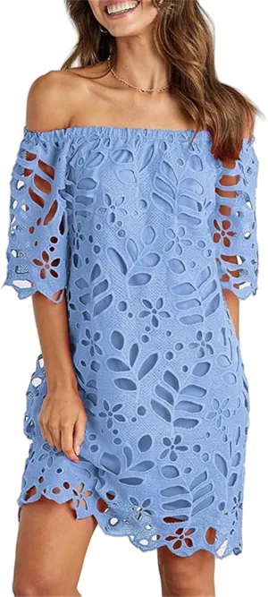 Women's Summer Dresses, Elegant Off Shoulder Floral Lace Hollow 1/2 Sleeve Ruffle Mini Dress