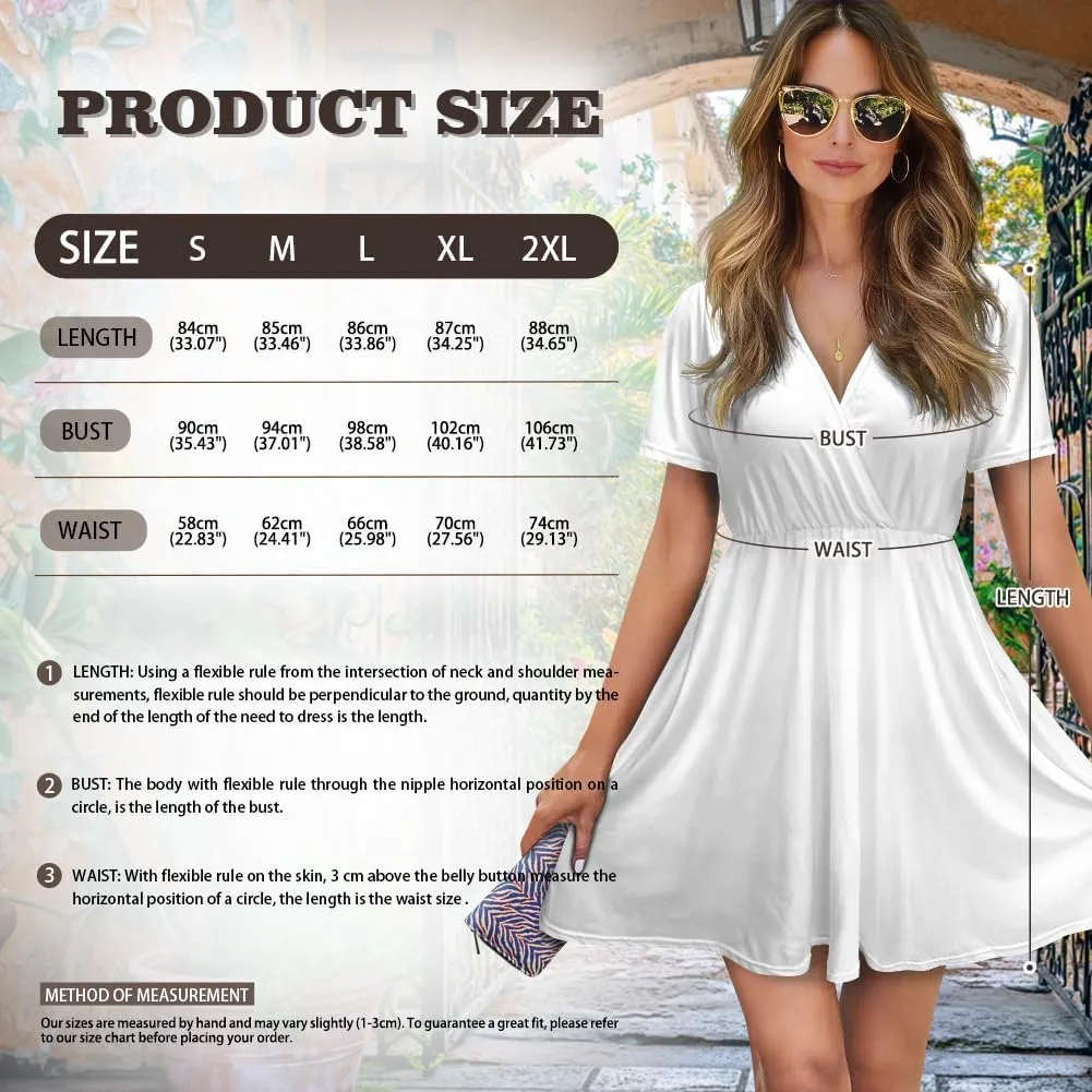Women's Summer Ruched Wrap Dress Casual Short Sleeve V Neck Dress Ruffle Swing Summer Lightweight Dresses